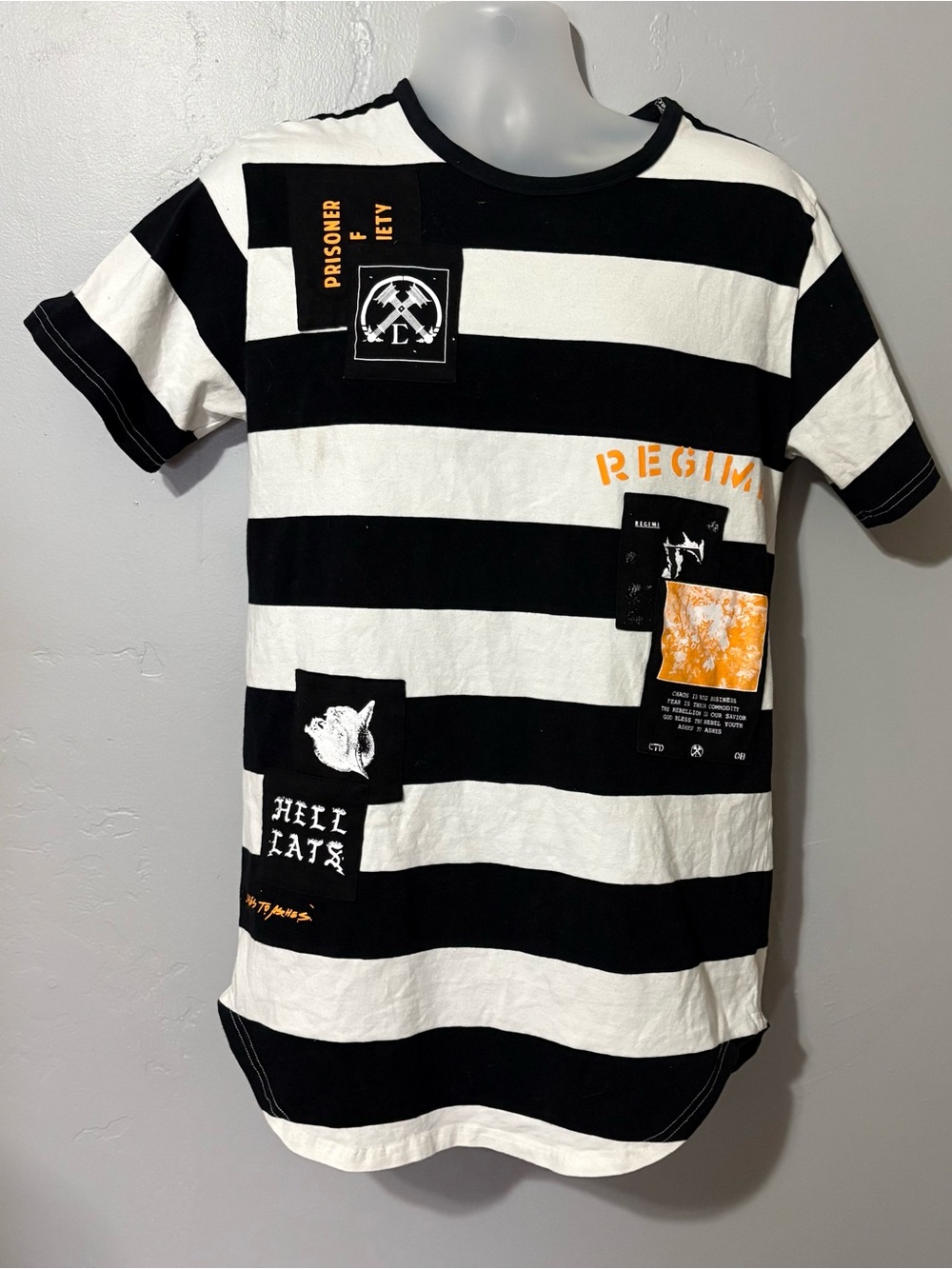 Civil Regime Striped W/ Patches Shirt Mens M Rebel Youth Ashes Streetwear